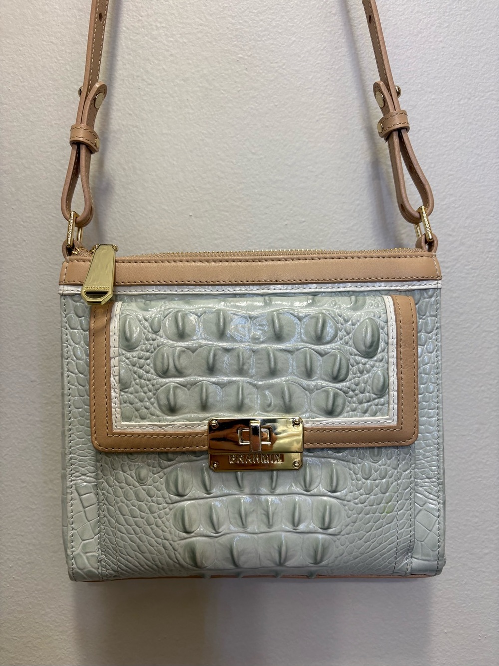 Brahmin Crossbody Bag - Light Gray with Beige Trim